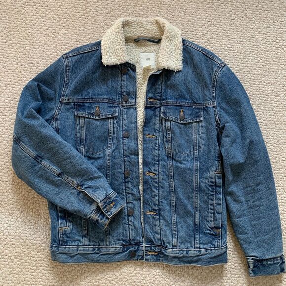 H&M Sherpa Borg Collar Denim Jacket Size S - Picture 1 of 9